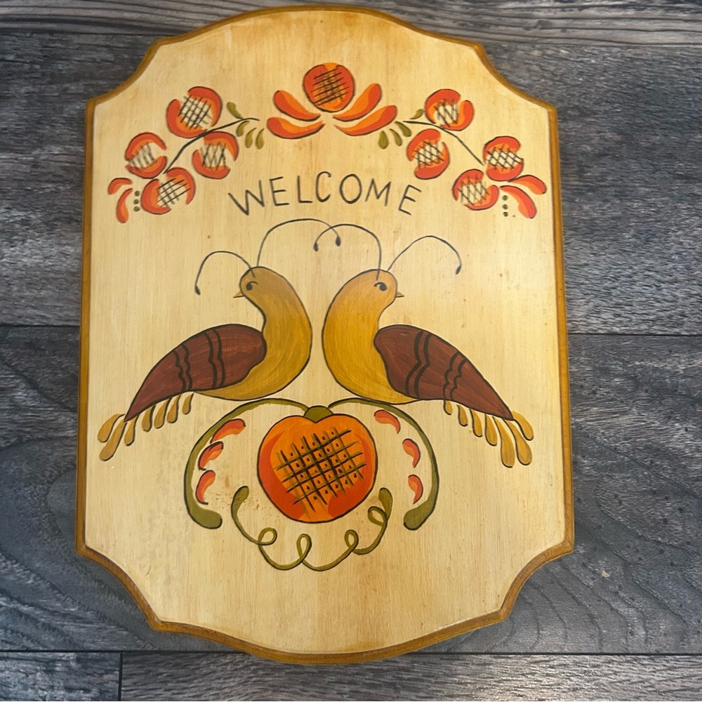 Vintage 1970’s “Welcome” Plaque Hand Painted Birds Orange Flowers Dutch Folk Art